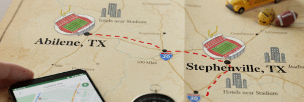 Map: Inez Spring to Abilene & Stephenville — football team lodging Texas